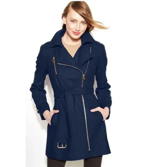 Michael Kors Wool Blend Belted Peacoat Classic Preppy Collared Jacket Navy Blue - Picture 2 of 15